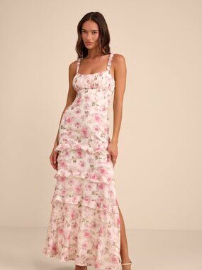 NWT Lulus Remiette Cream Floral Ruffled Empire Waist Maxi Dress White - Size M